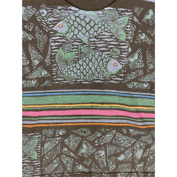 Vtg Bacio Top Women’s Medium Multicolor Fish Print Crop T-shirt USA 80s 90s - Picture 4 of 10